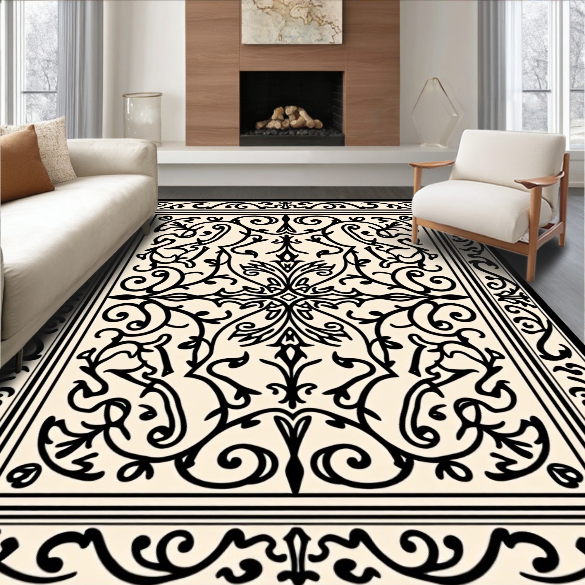 Cream Black Ornate Floral Medallion Rug