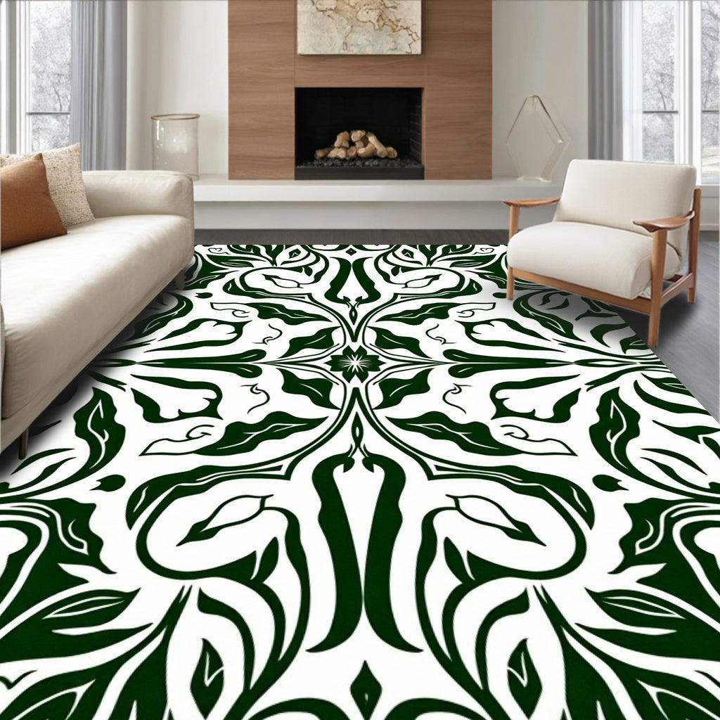 Dark Green Swirl Floral Pattern Rug