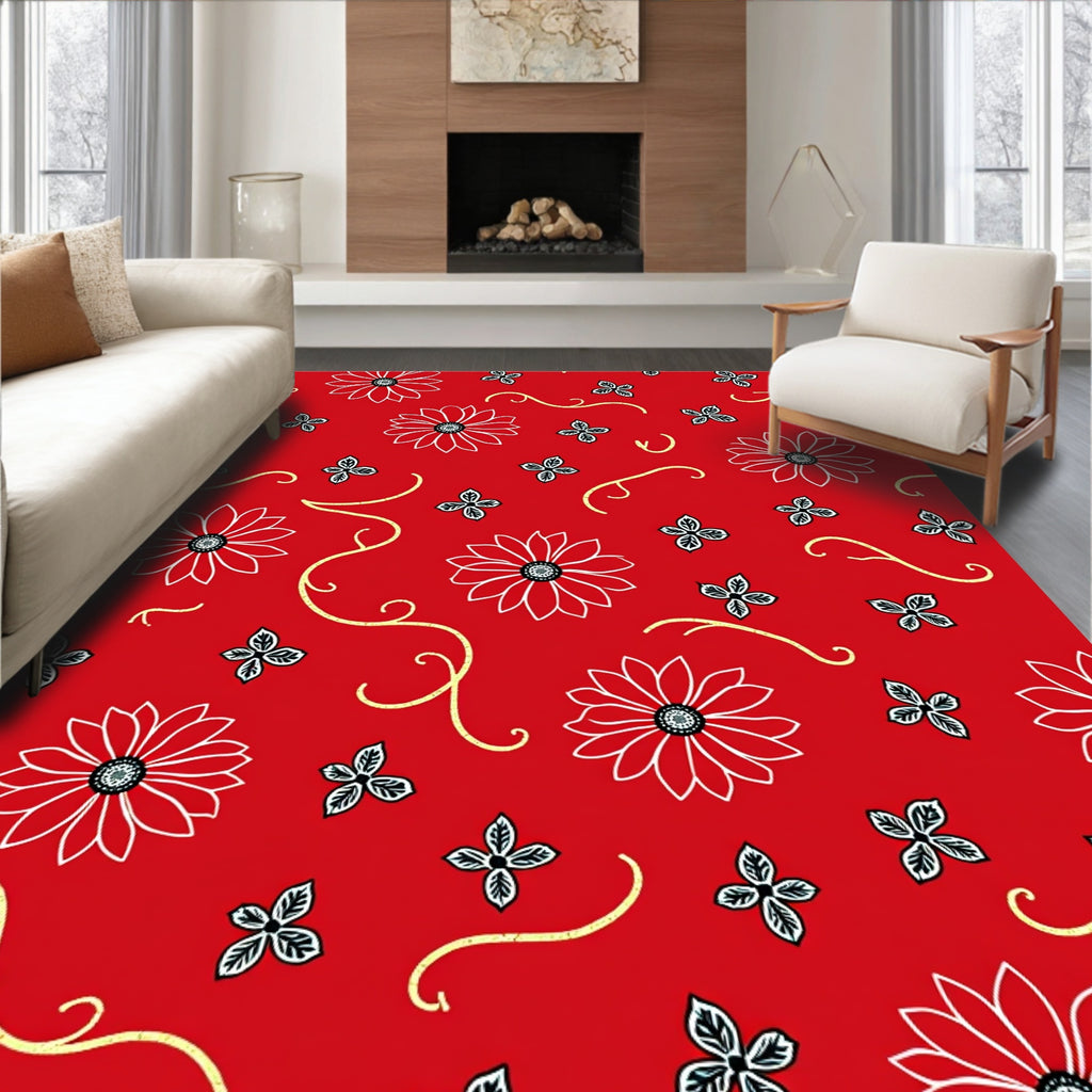 Vibrant Red Detailed Floral Vine Rug