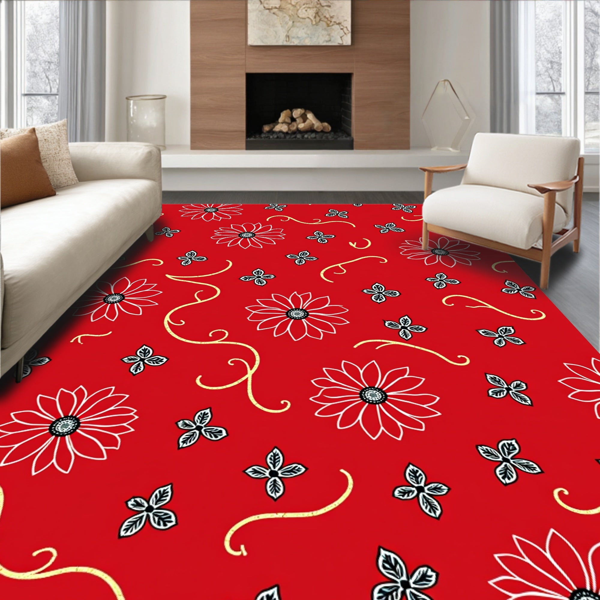 Vibrant Red Detailed Floral Vine Rug