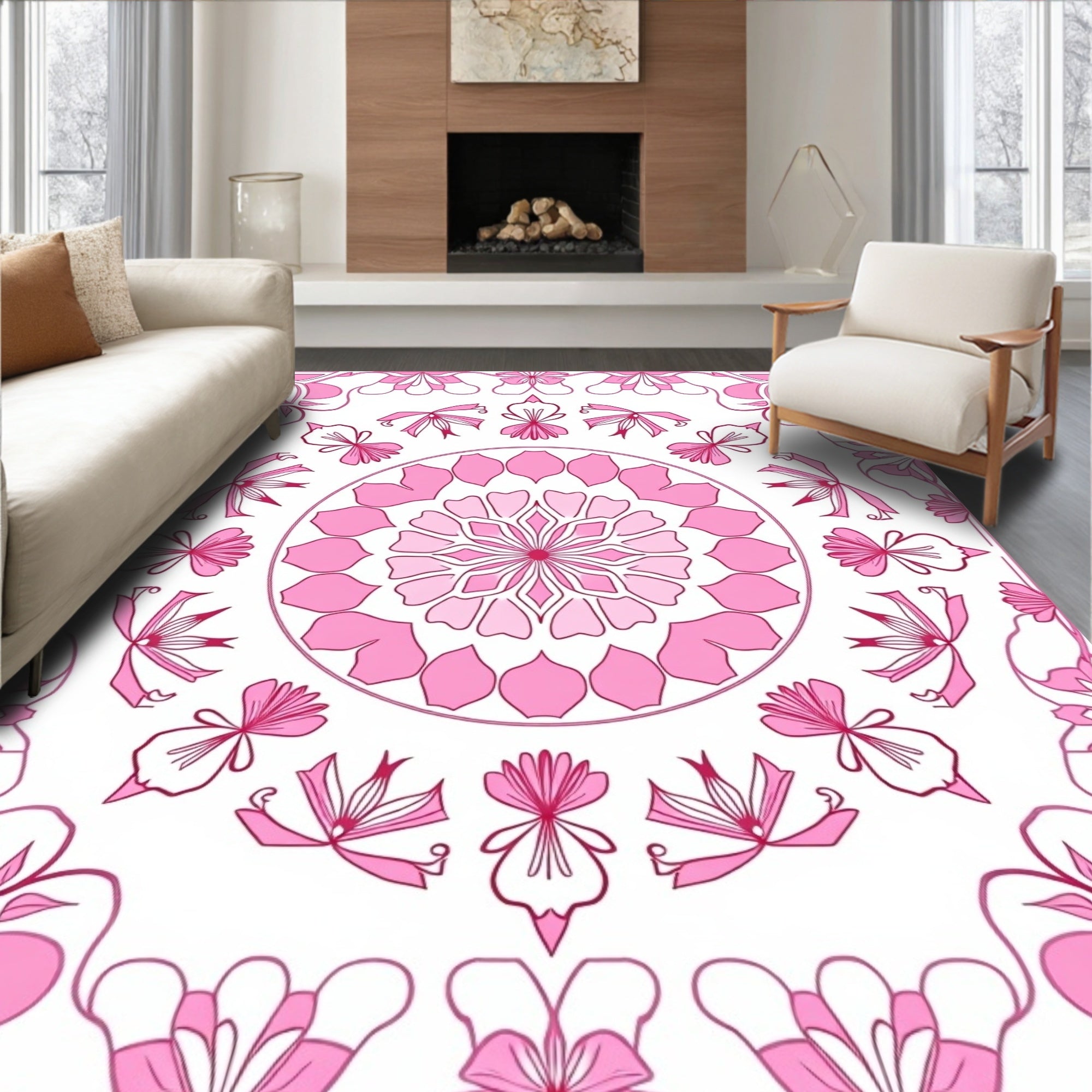 Pink Floral Mandala Inspired Design Rug