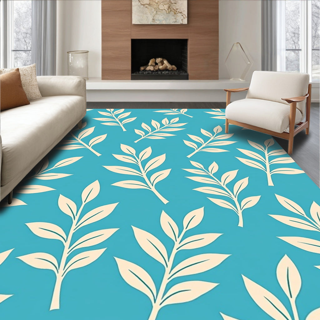 Serene Blue Cream Leaf Pattern Rug