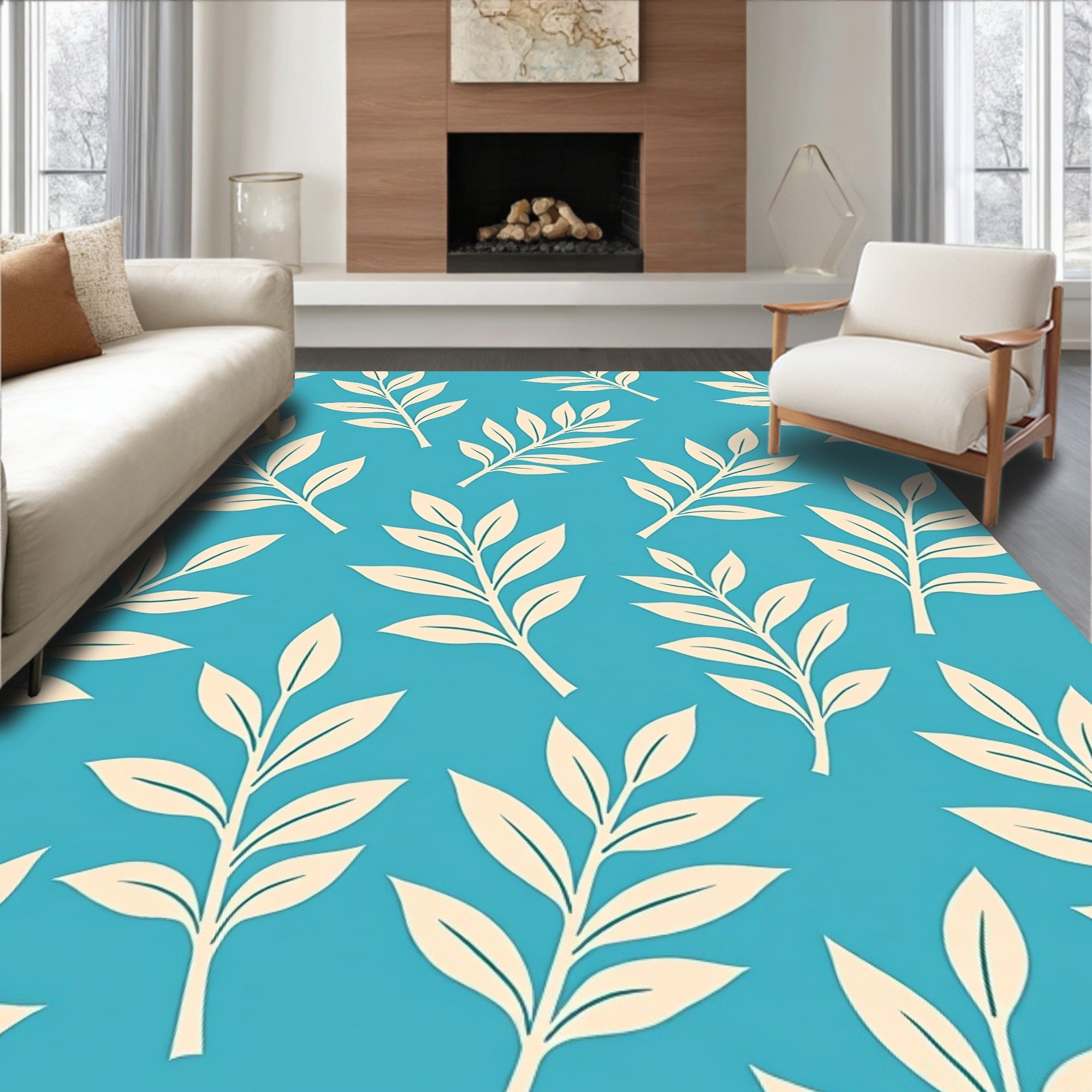 Serene Blue Cream Leaf Pattern Rug