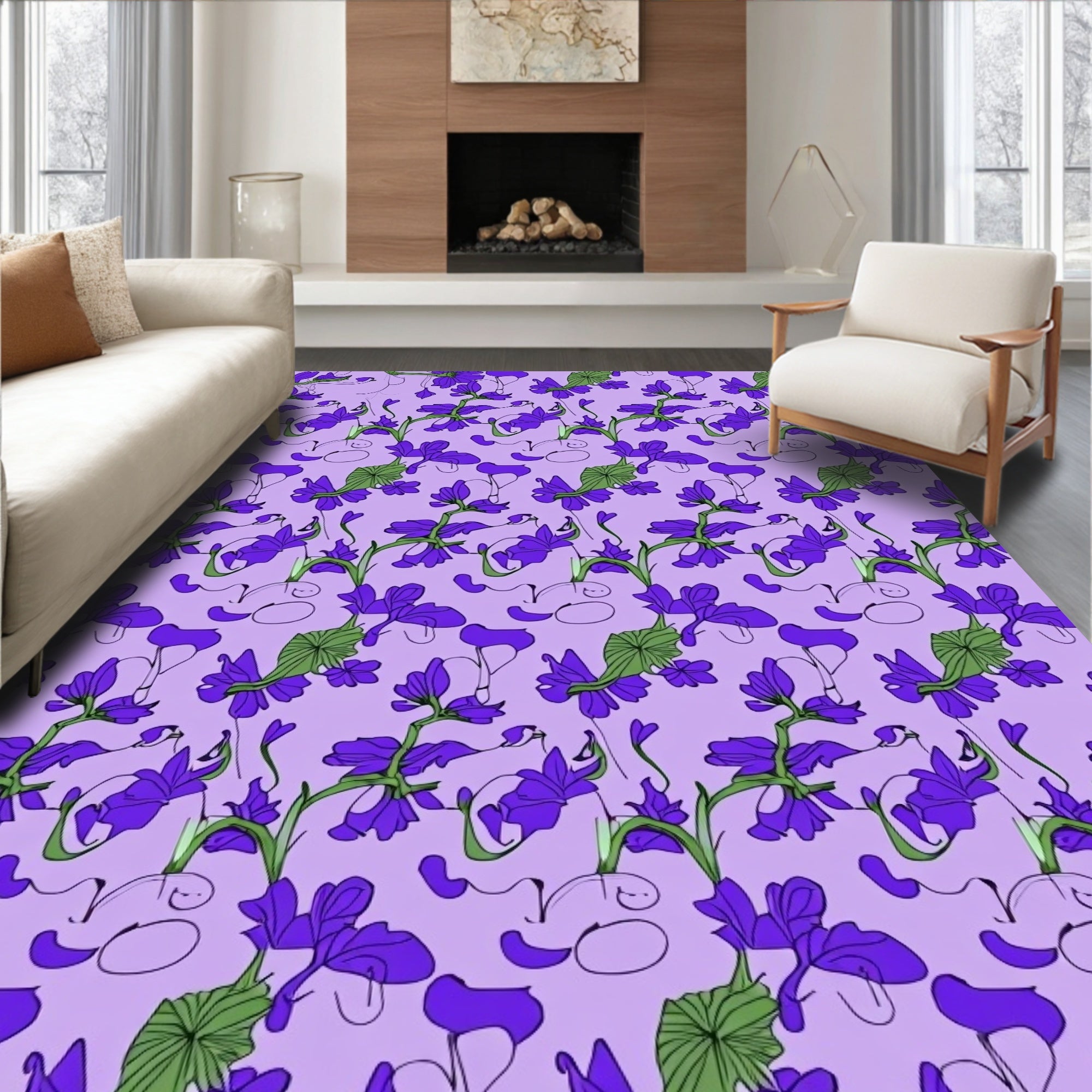 Purple Floral Sketch Pattern Rug