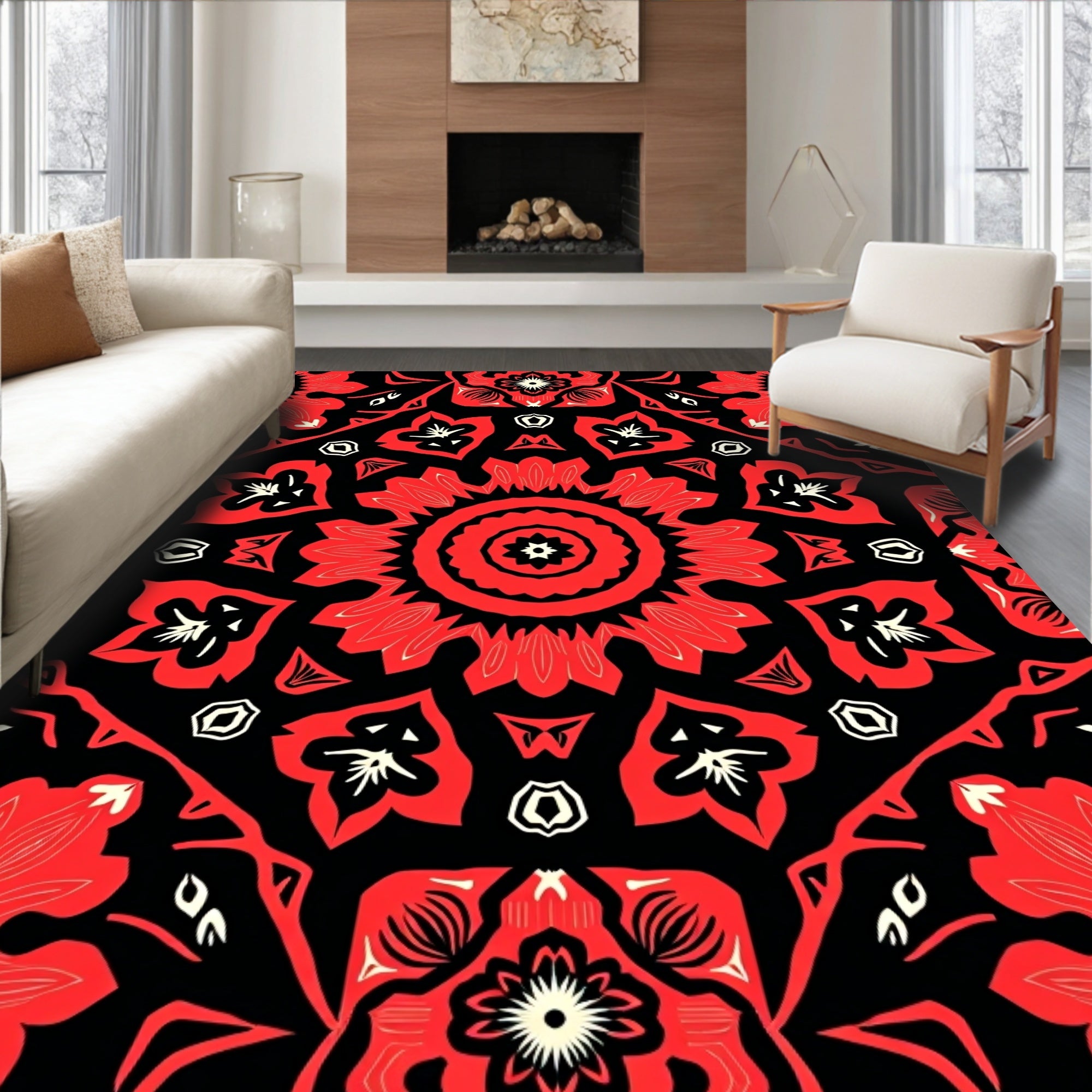 Bold Red Floral Medallion Art Rug