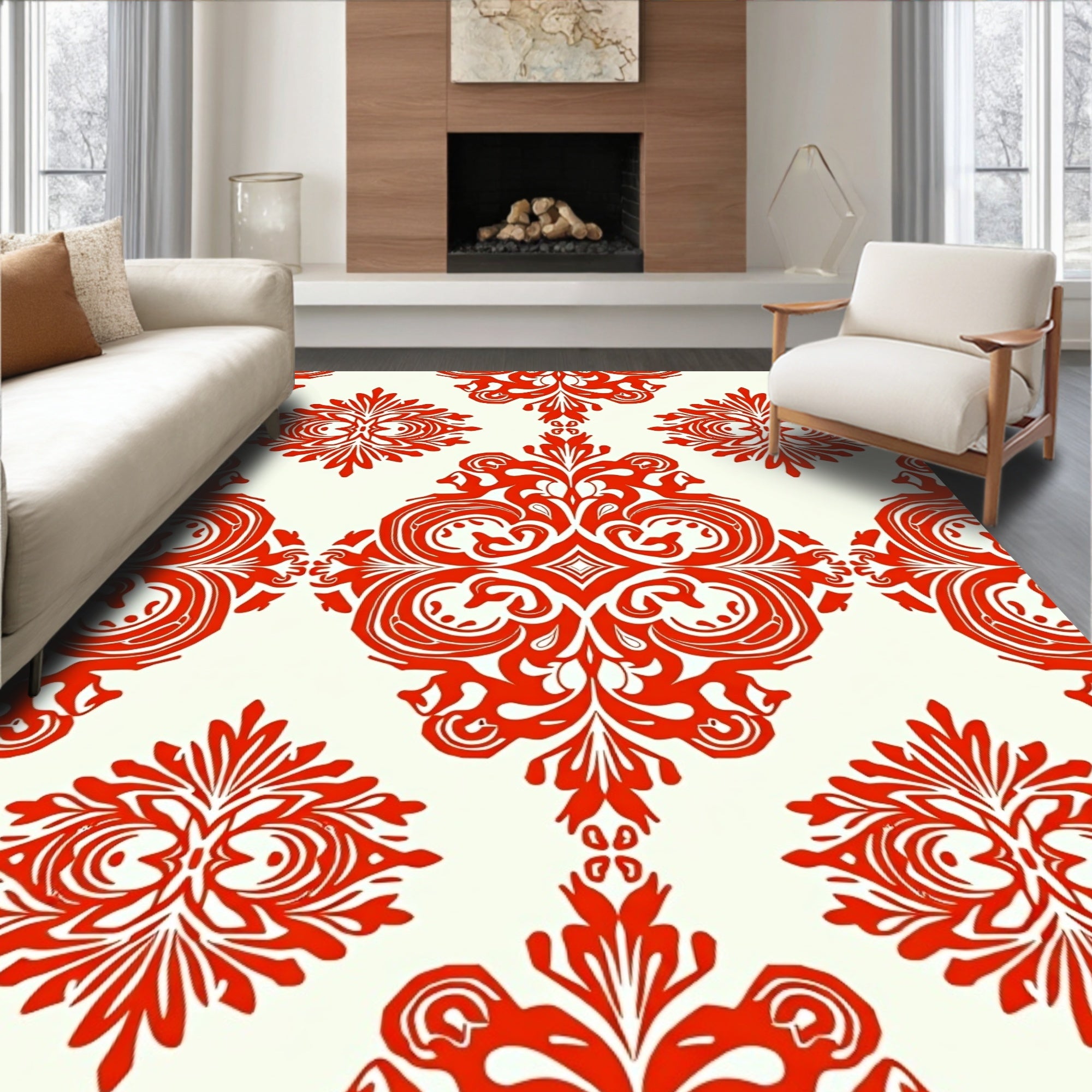 Classic Red Ivory Damask Pattern Rug
