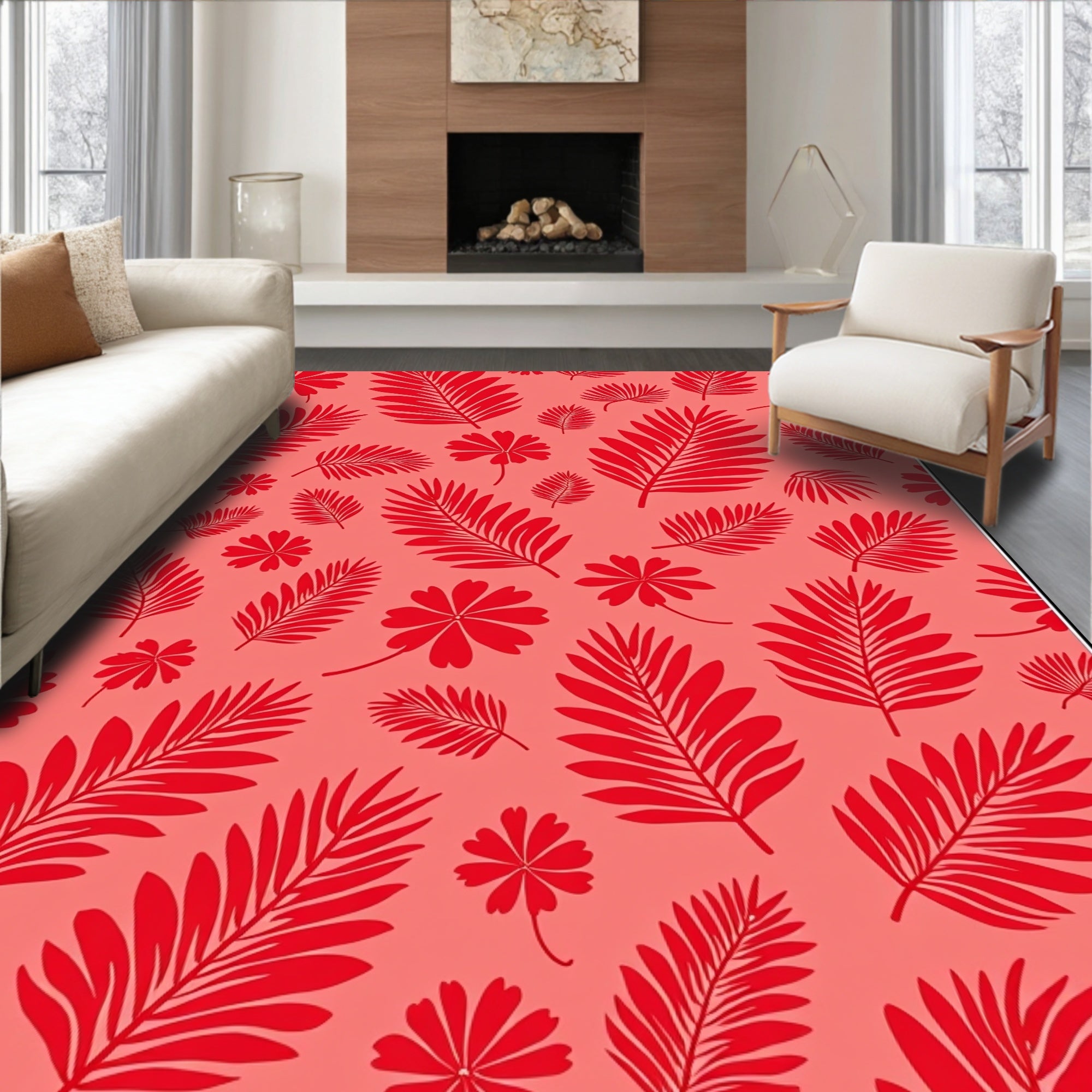 Tropical Red Leaf Pattern Design Rug