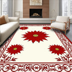 Deep Red Floral Border Cream Rug