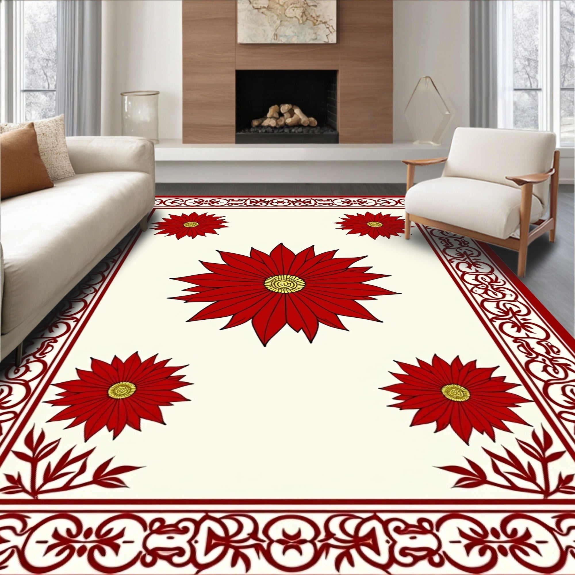 Deep Red Floral Border Cream Rug