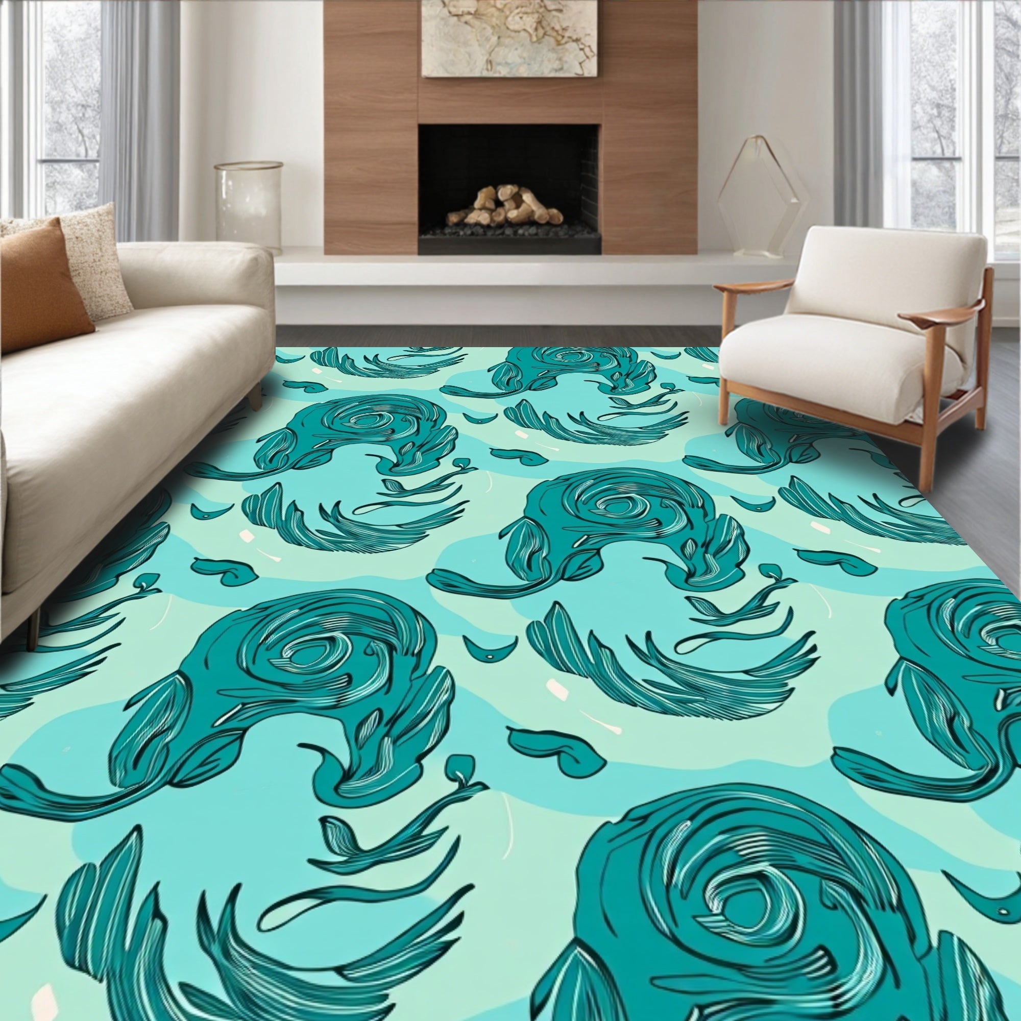 Abstract Teal Swirl Feather Design Rug
