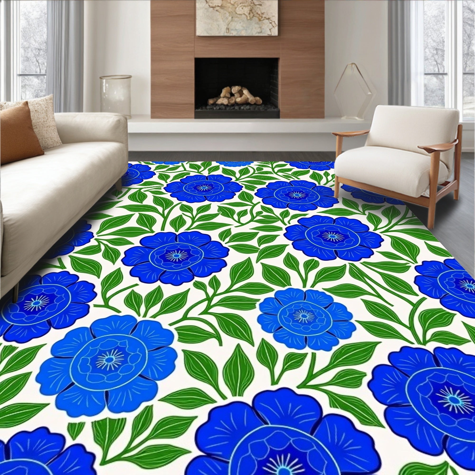 Art Nouveau Blue Floral Vine Rug