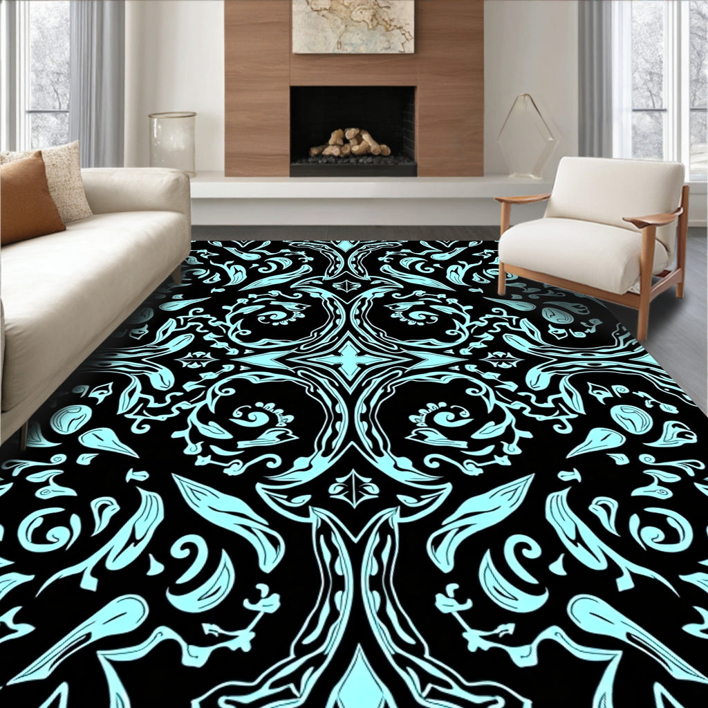 Ornate Light Blue Floral Pattern Rug