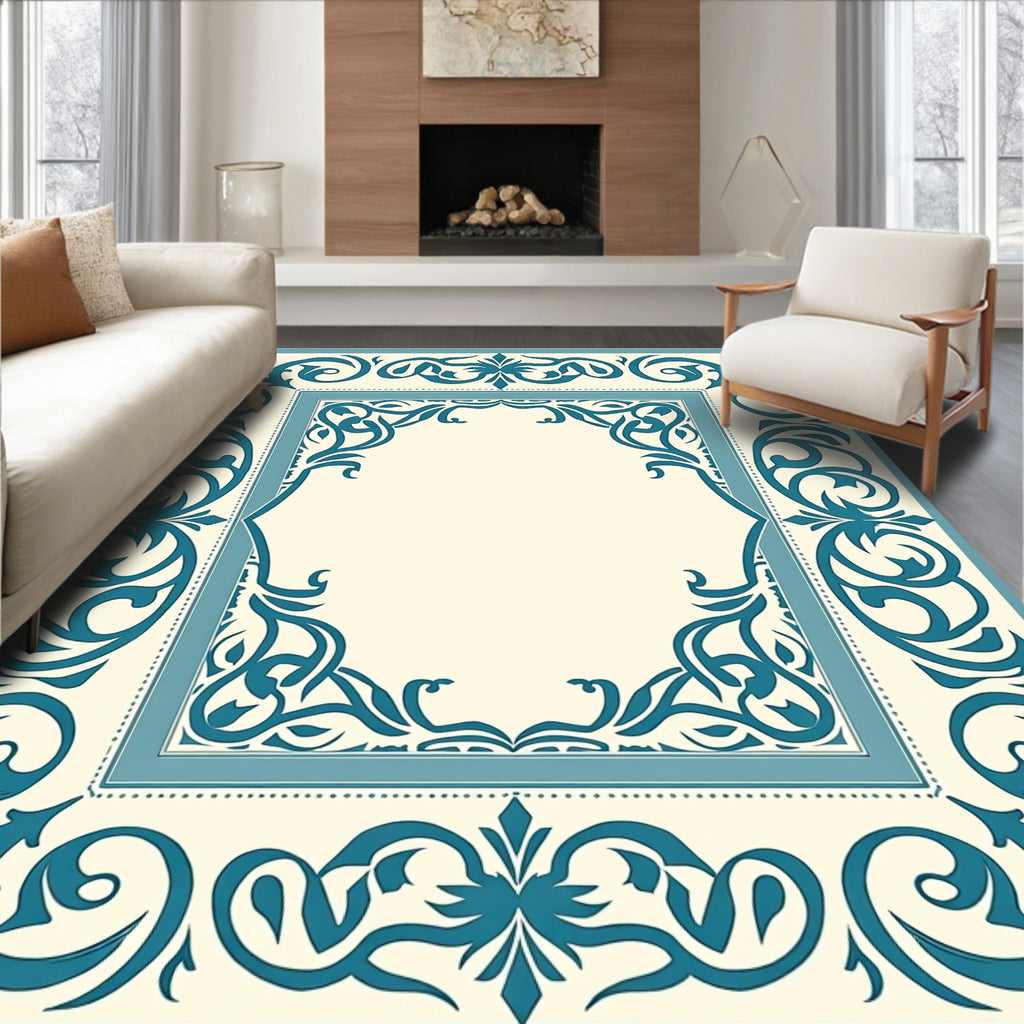 Ornate Teal Scrollwork Classic Pattern Rug