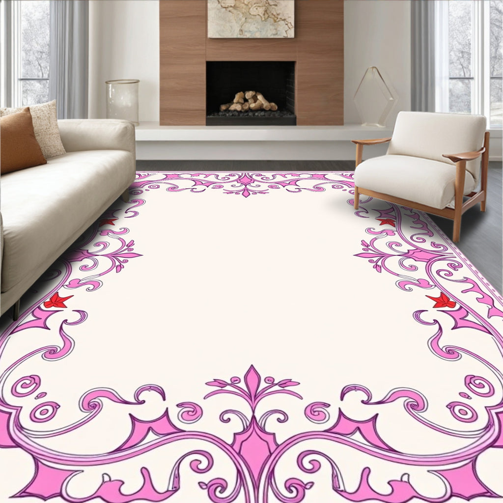 Ornate Pink Floral Scrollwork Design Rug