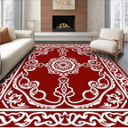 Intricate White Floral Scrollwork Red Rug