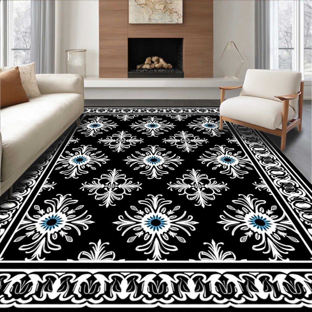 Classic Black White Floral Medallion Rug