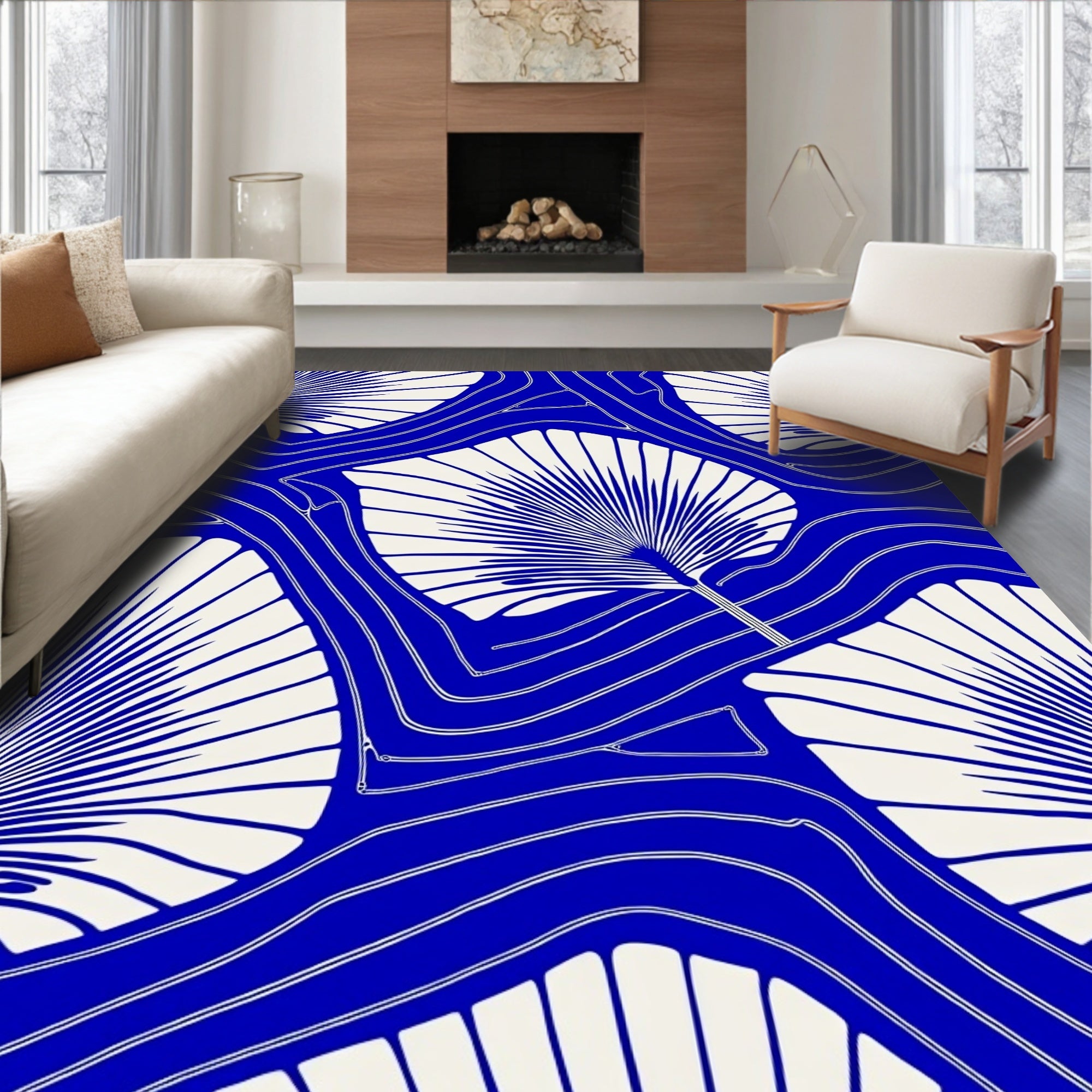 Art Deco Deep Blue Fan Pattern Rug