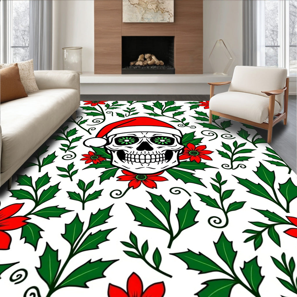 Festive Santa Skull Red Holly Rug