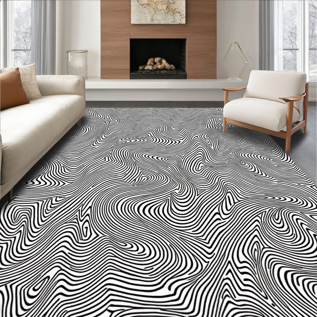 Abstract Black White Wavy Lines Rug