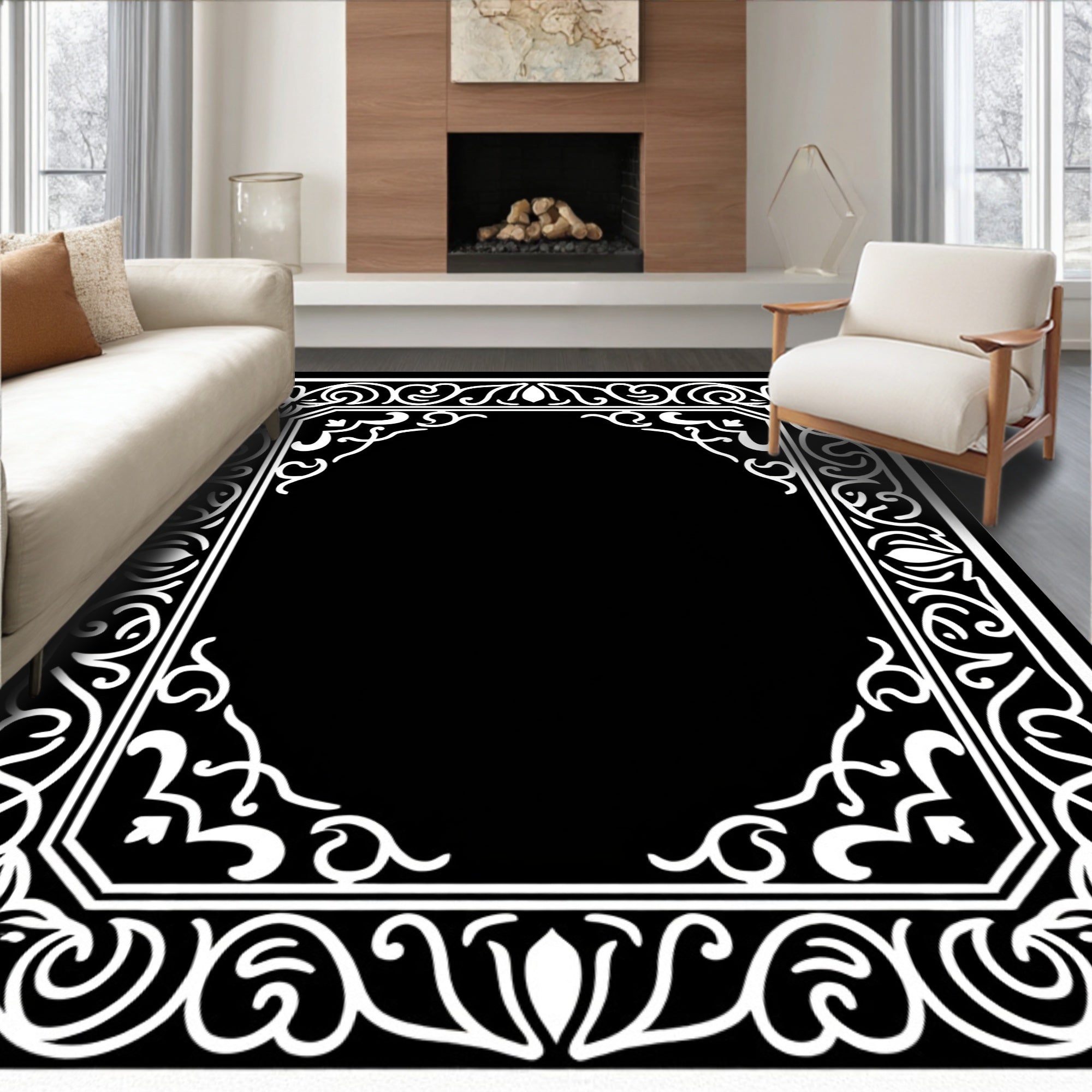 Elegant Black White Scrollwork Frame Rug