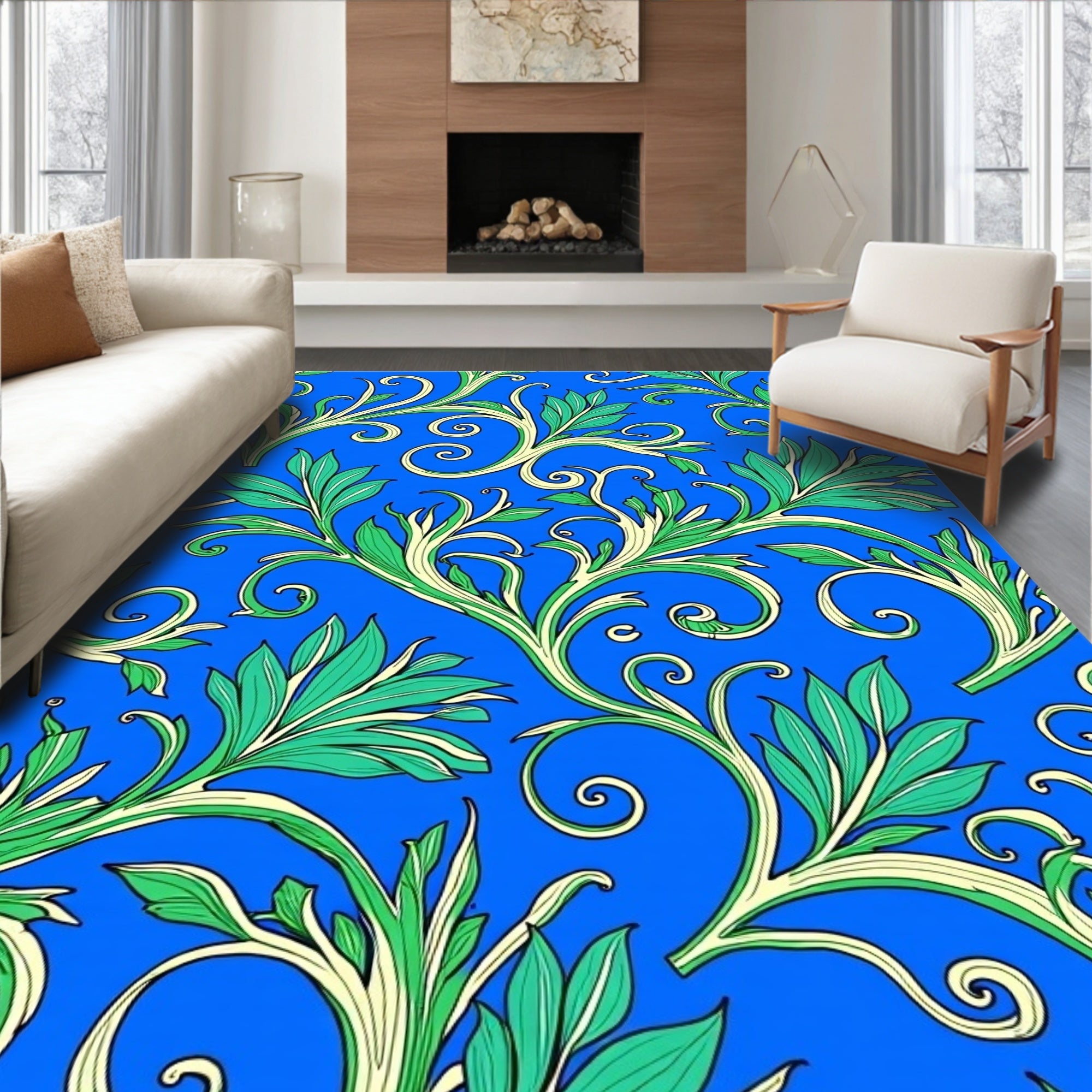 Vibrant Blue Green Leaf Swirl Rug