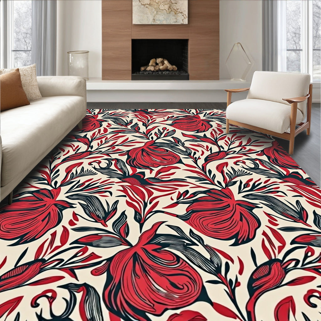 Bold Red Black Floral Pattern Rug