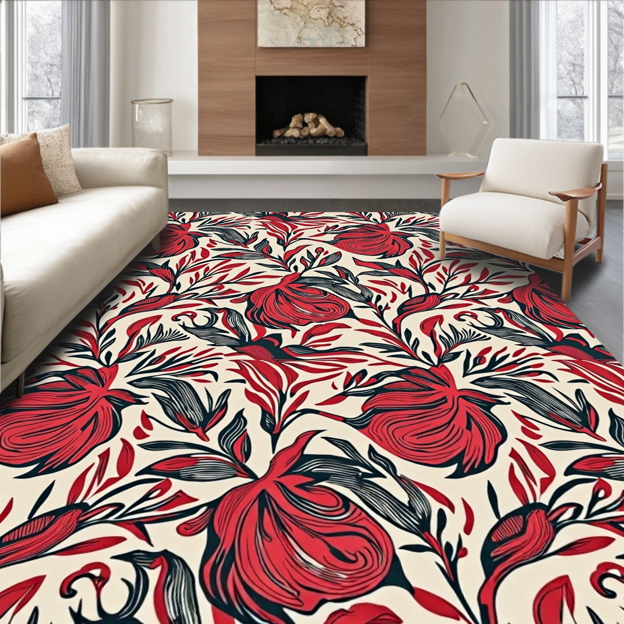 Bold Red Black Floral Pattern Rug