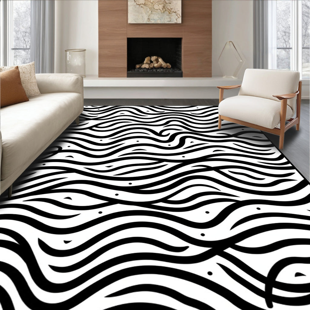 Modern Wavy Black White Design Rug