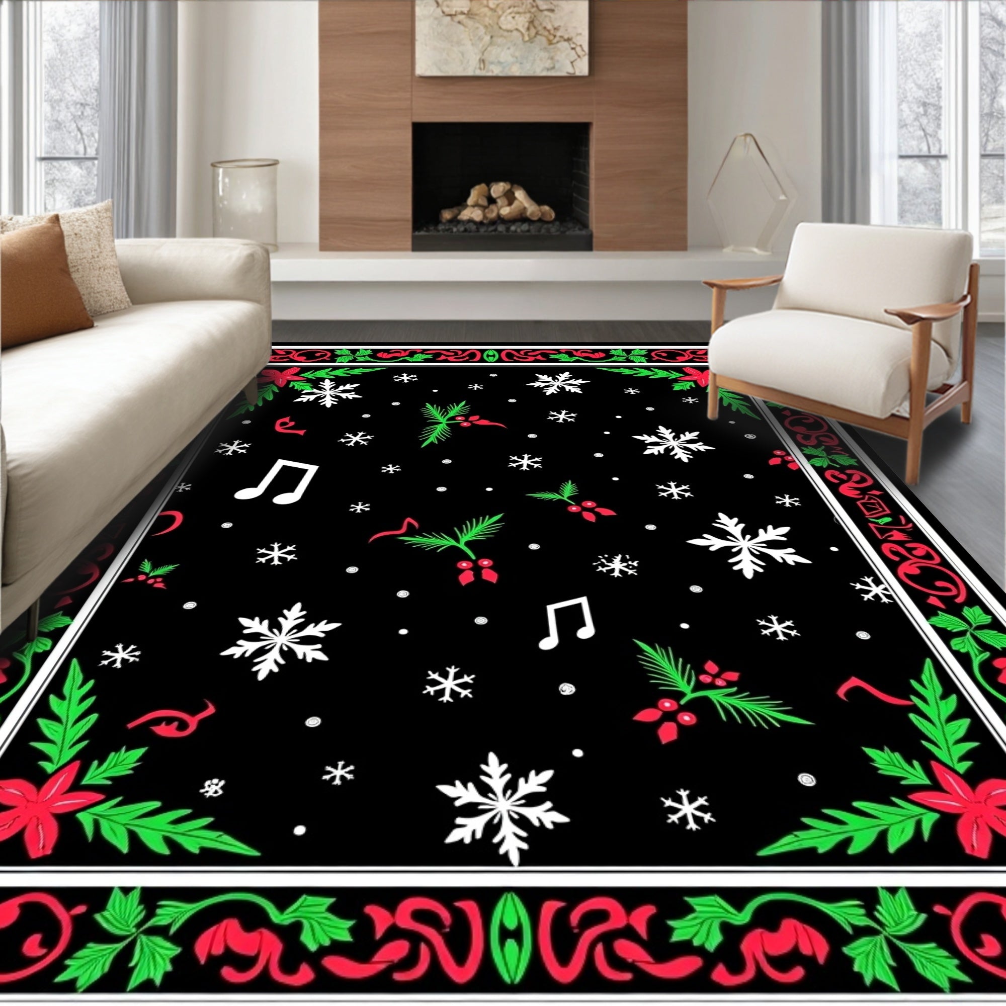 Festive Black Red Green Snowflake And Music Notes Rug