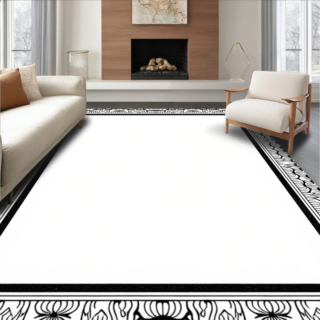 Ornate Black and White Floral Border Rug
