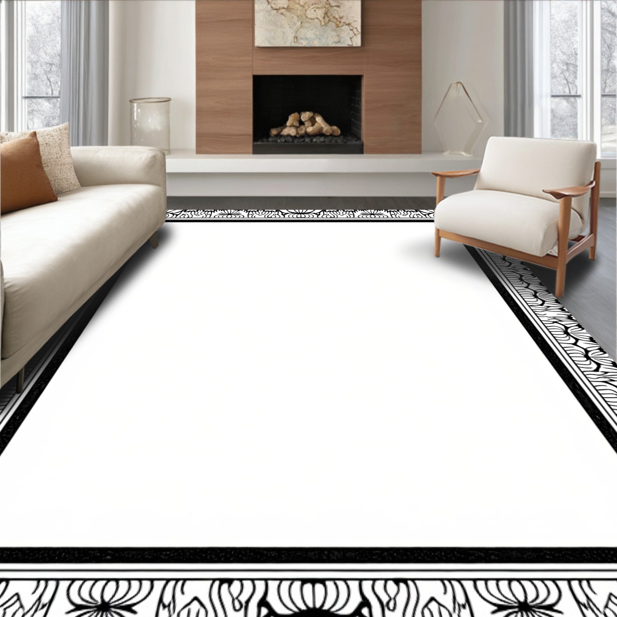 Ornate Black and White Floral Border Rug
