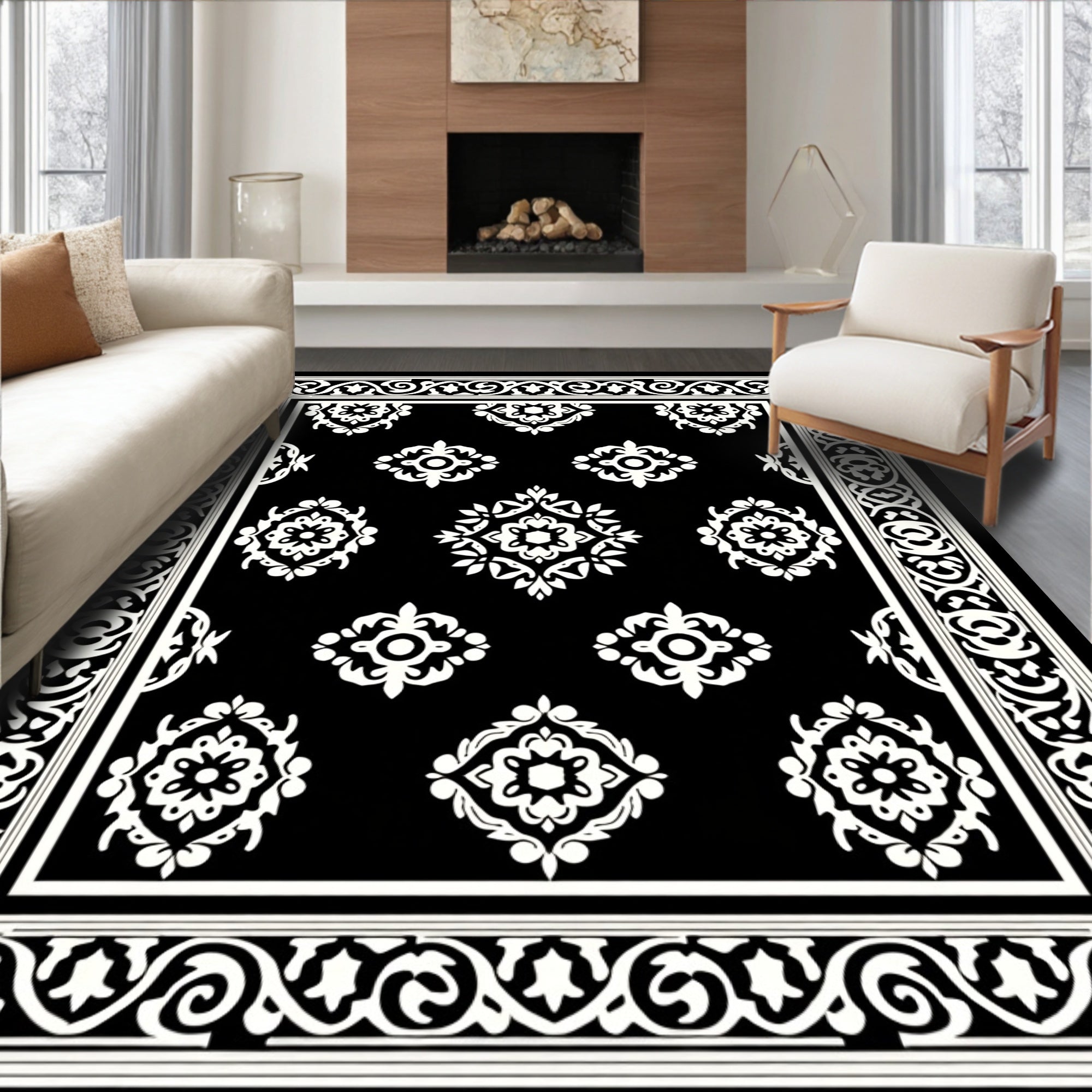 Classic Black White Floral Medallion Rug