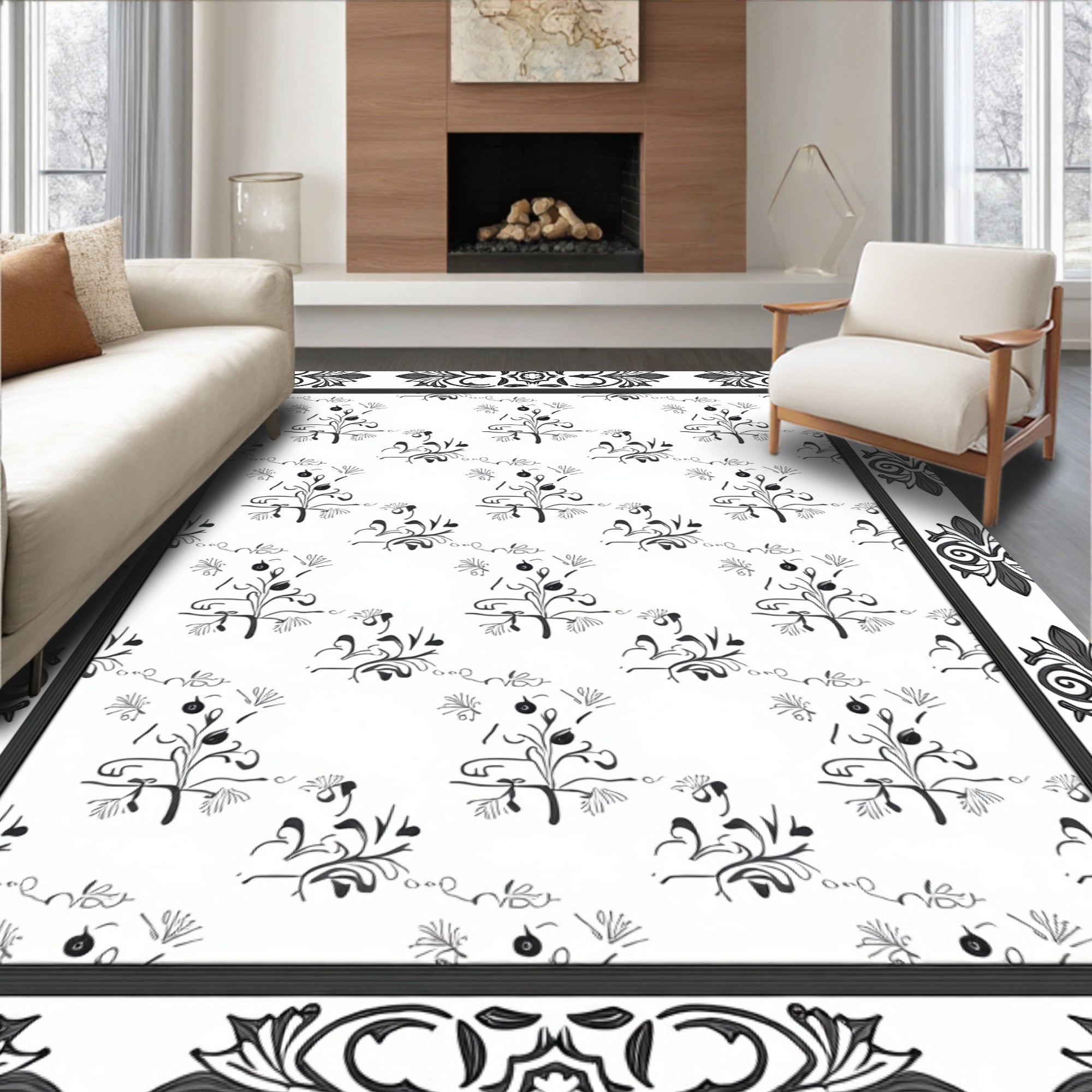 Black White Botanical Outline Pattern Rug