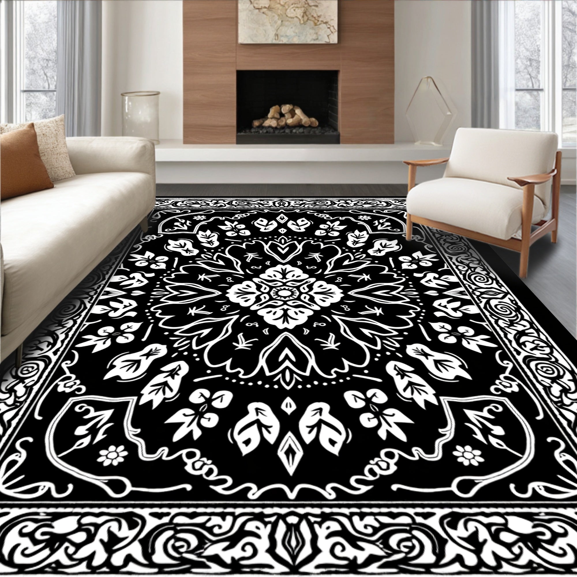Classic Botanical Floral Mandala Print Rug