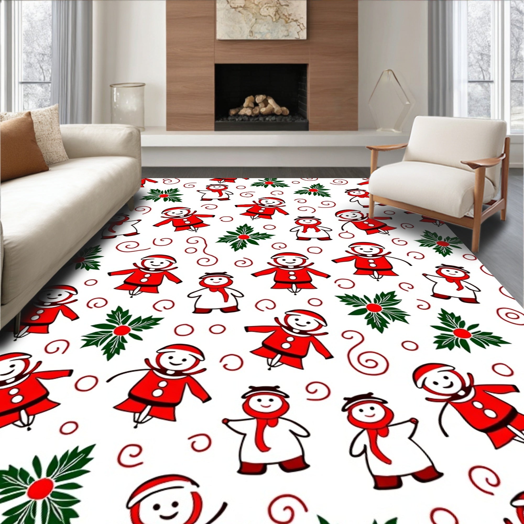 Joyful Red Snowman Holly Swirl Rug