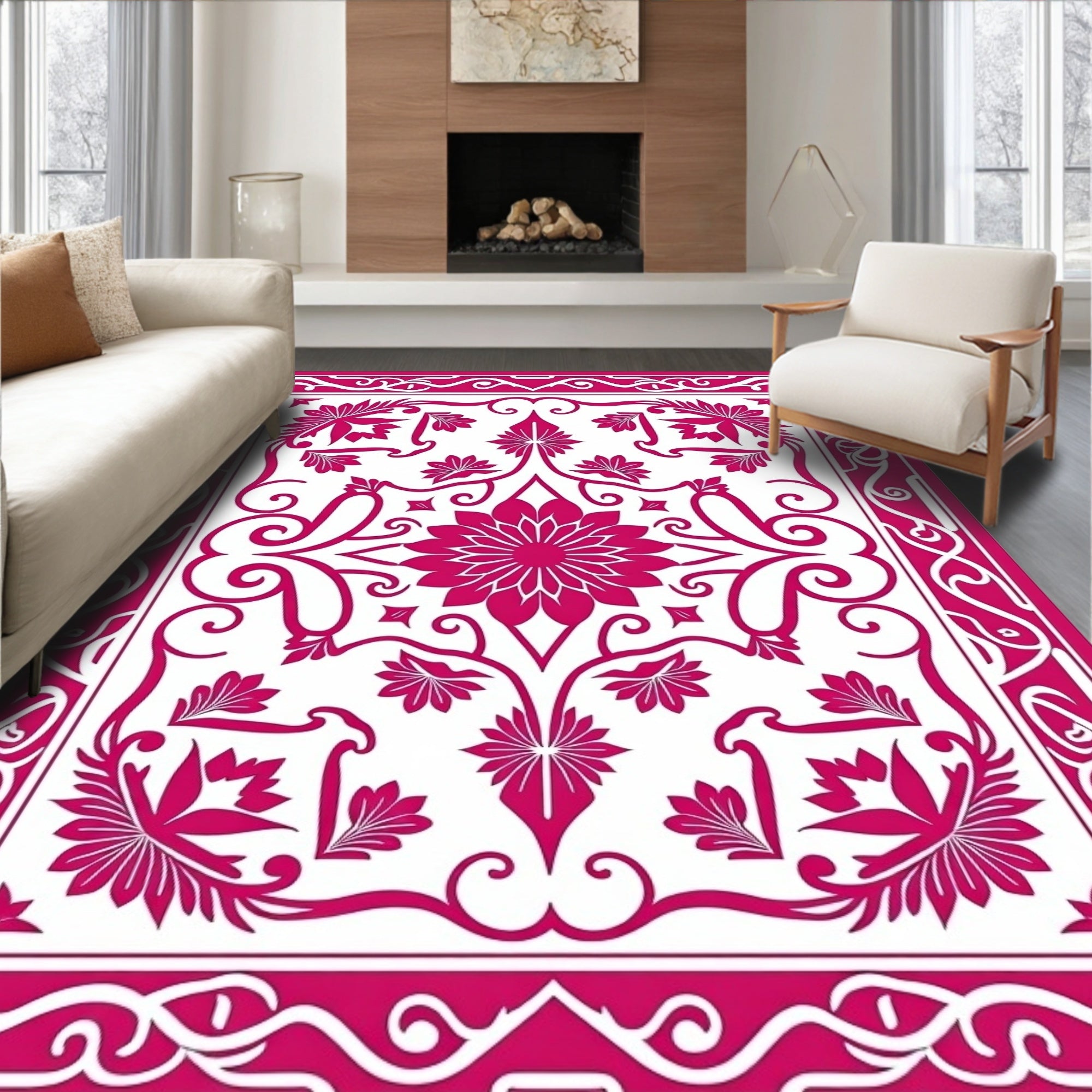 Traditional Pink Floral Ornamental Pattern Rug