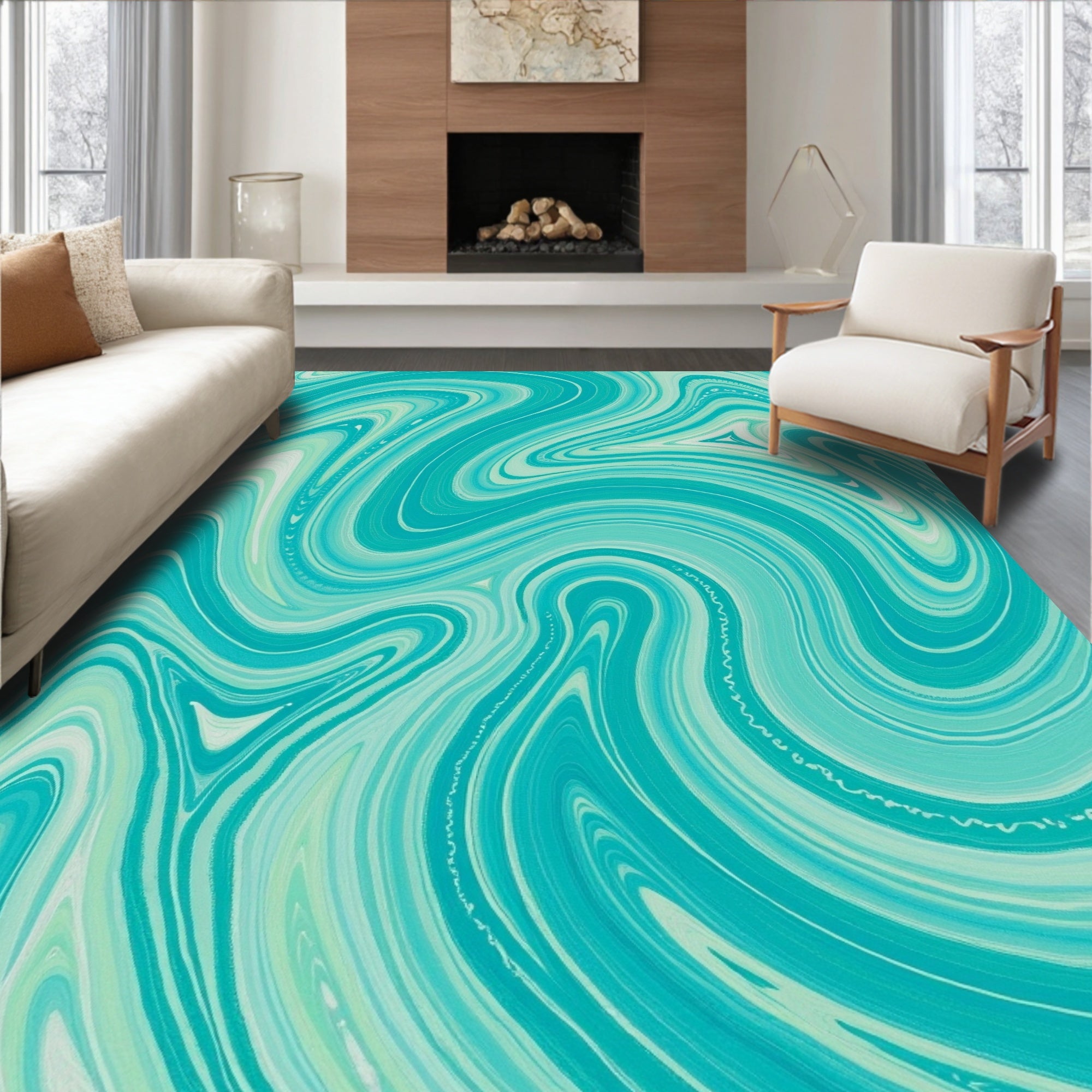 Teal Fluid Wave Swirl Rug