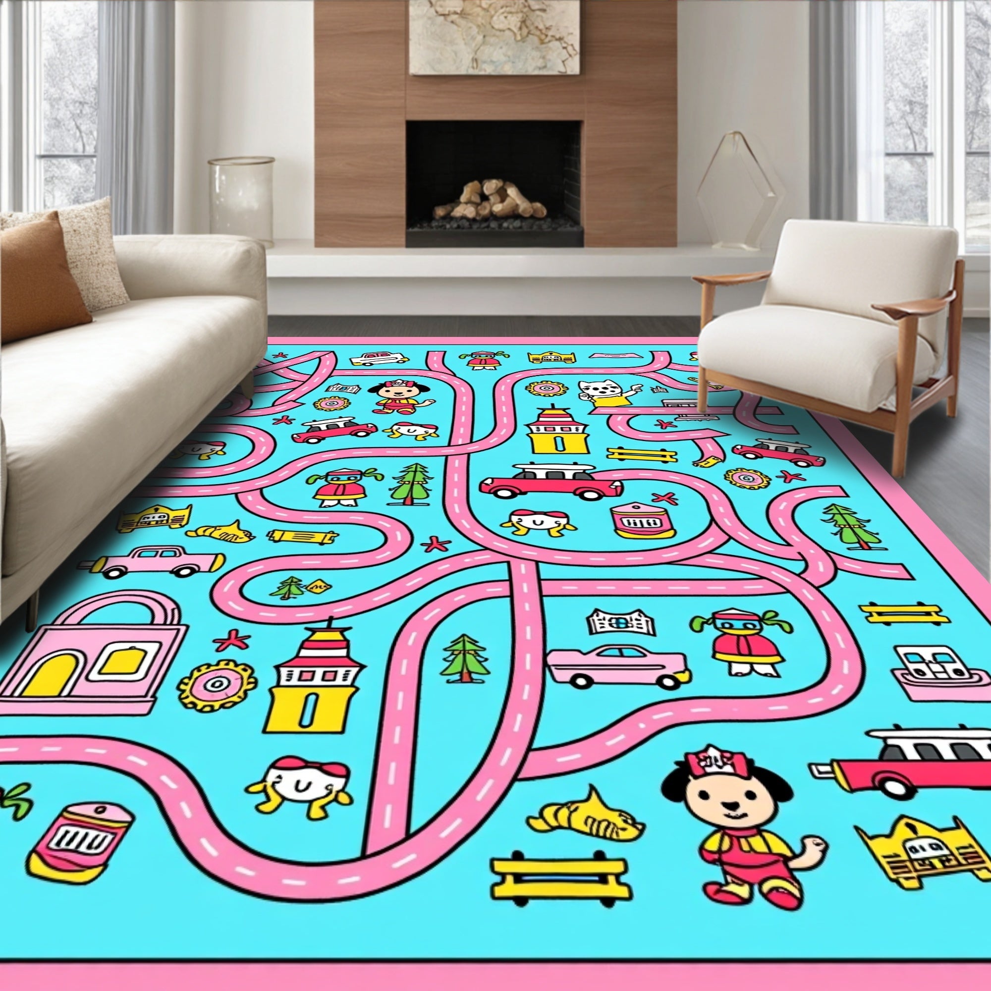 Cute Pink Yellow Dog Cars Maze Rug