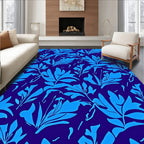 Bold Blue Tropical Leaf Pattern Rug