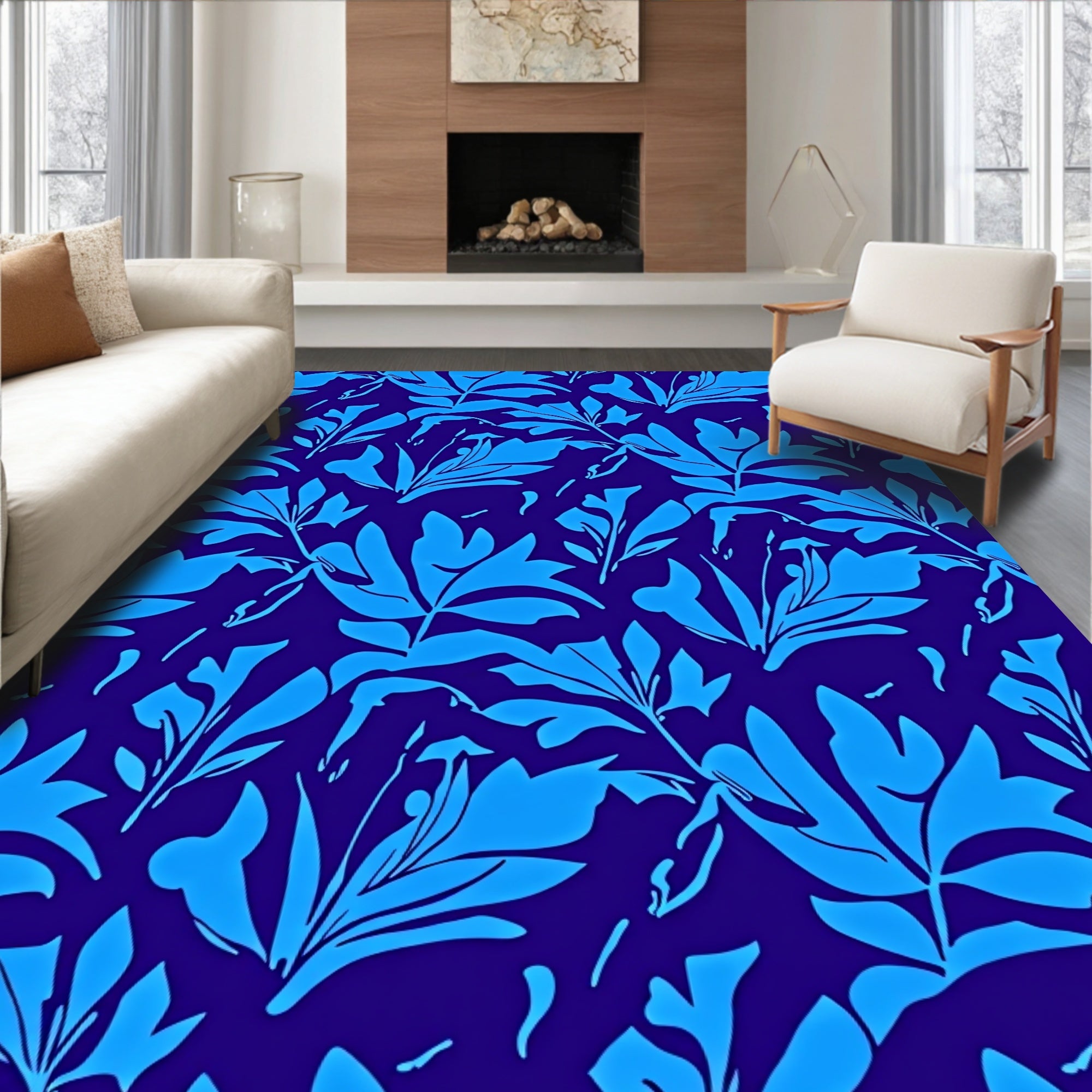 Bold Blue Tropical Leaf Pattern Rug