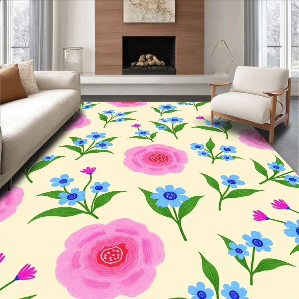 Whimsical Pink Blue Floral Pattern Rug