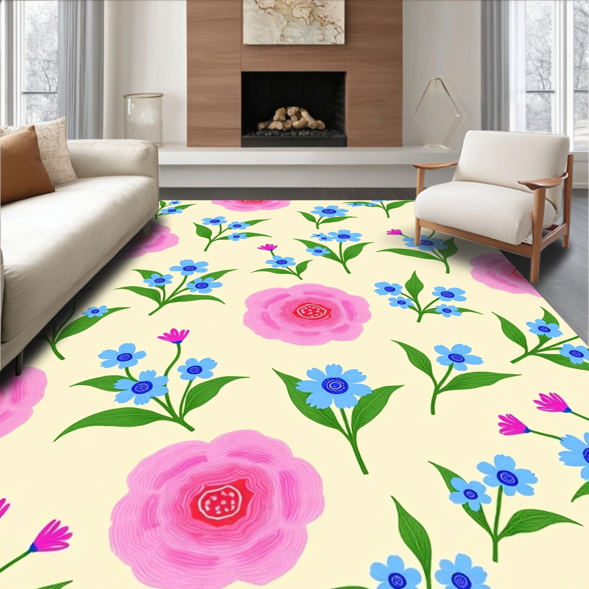 Whimsical Pink Blue Floral Pattern Rug