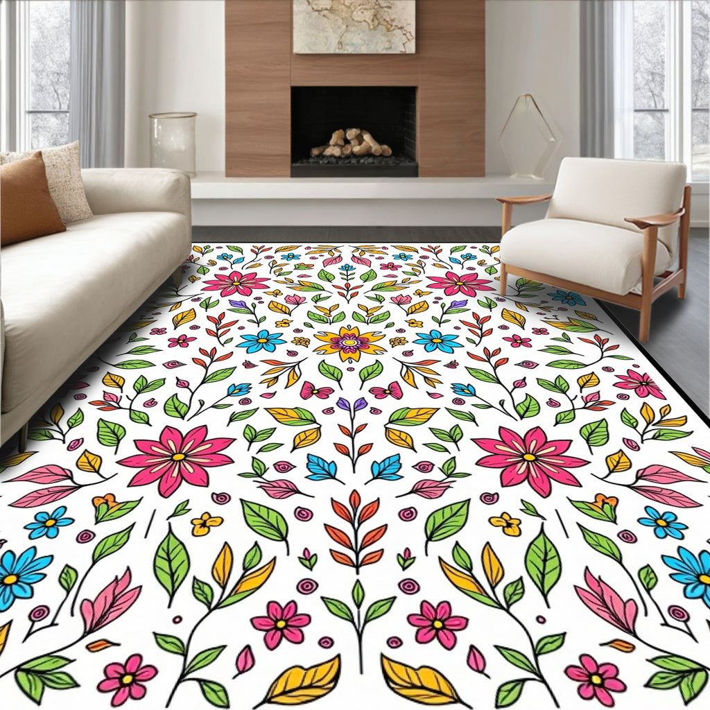 Vibrant Floral Vines Leaves Pattern Rug