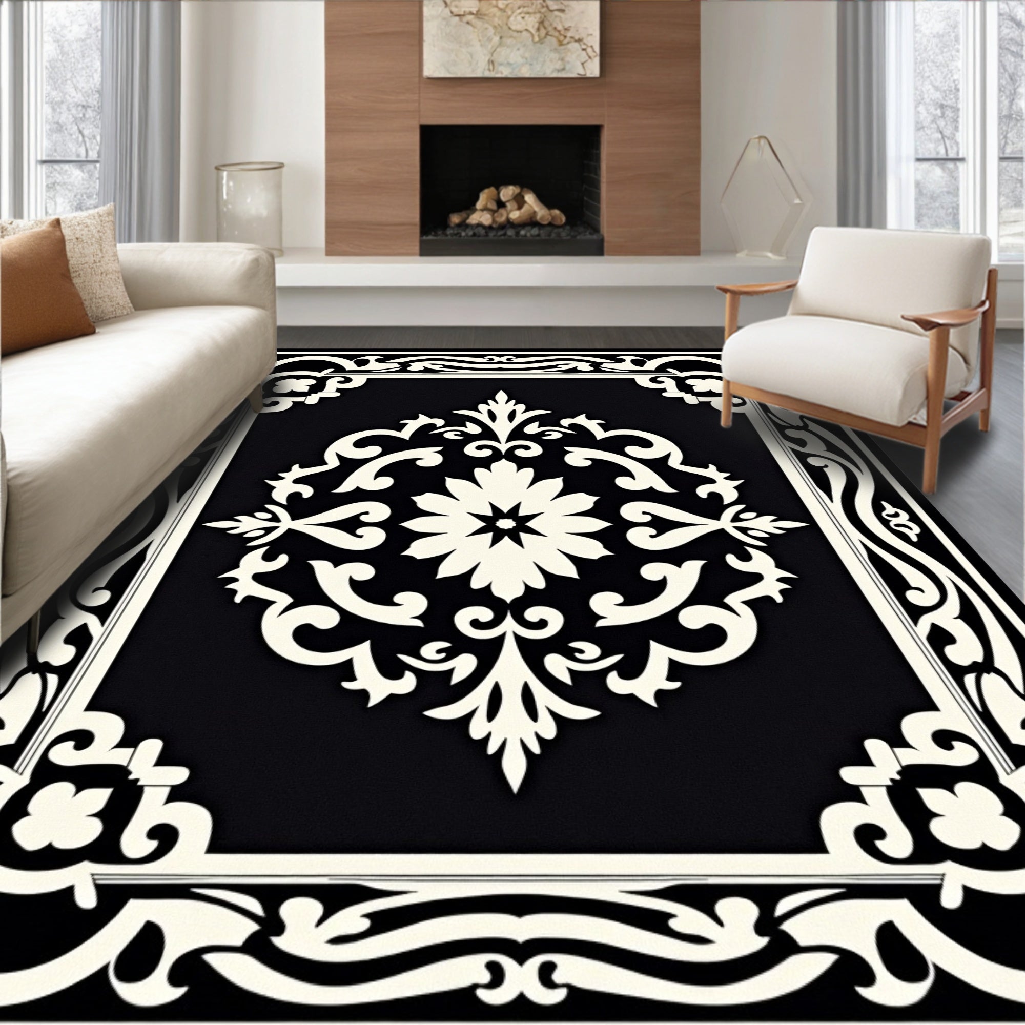 Classic Black and White Floral Pattern Rug