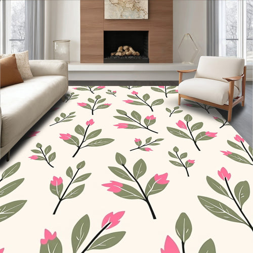 Abstract Pink Buds Green Leaves Pattern Rug