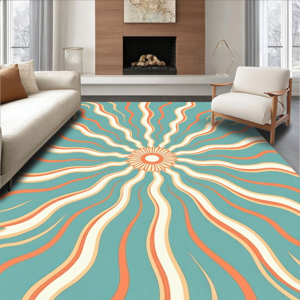 Retro Sunburst Teal Orange Cream Rug
