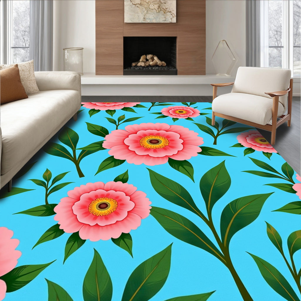 Pink Peony Garden With Green Leaves Rug