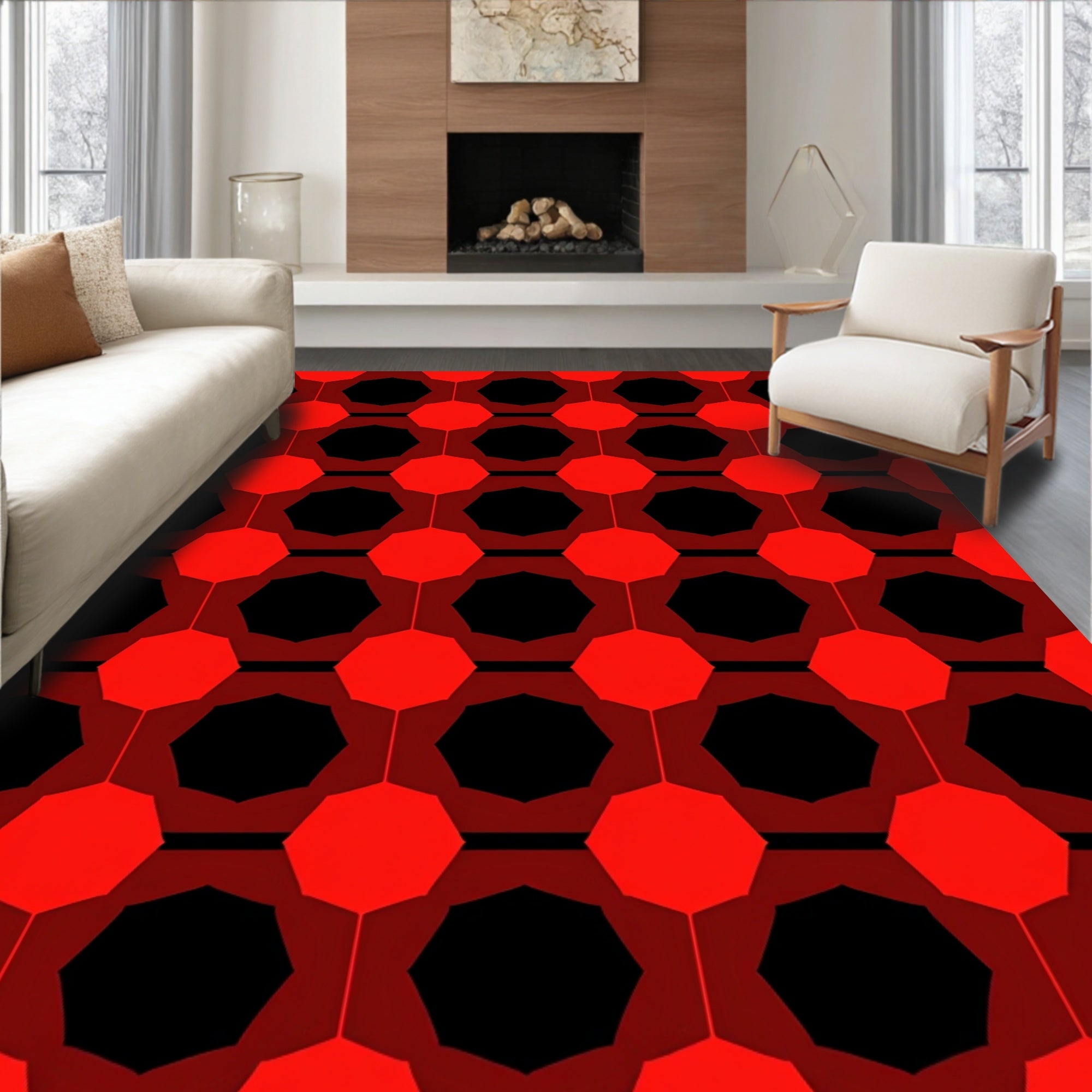 Bold Red Black Geometric Pattern Rug