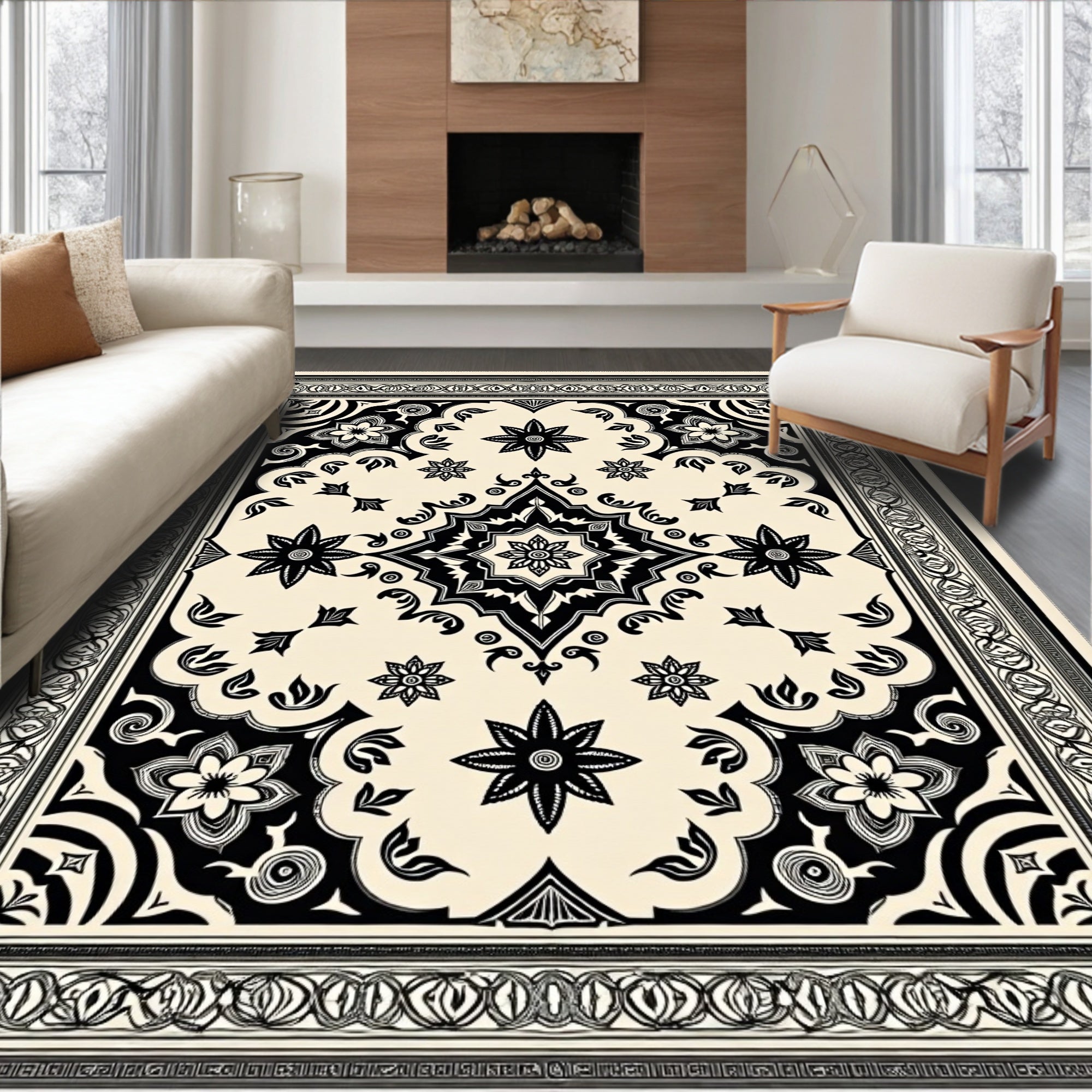 Vintage Floral Medallion Black Cream Rug
