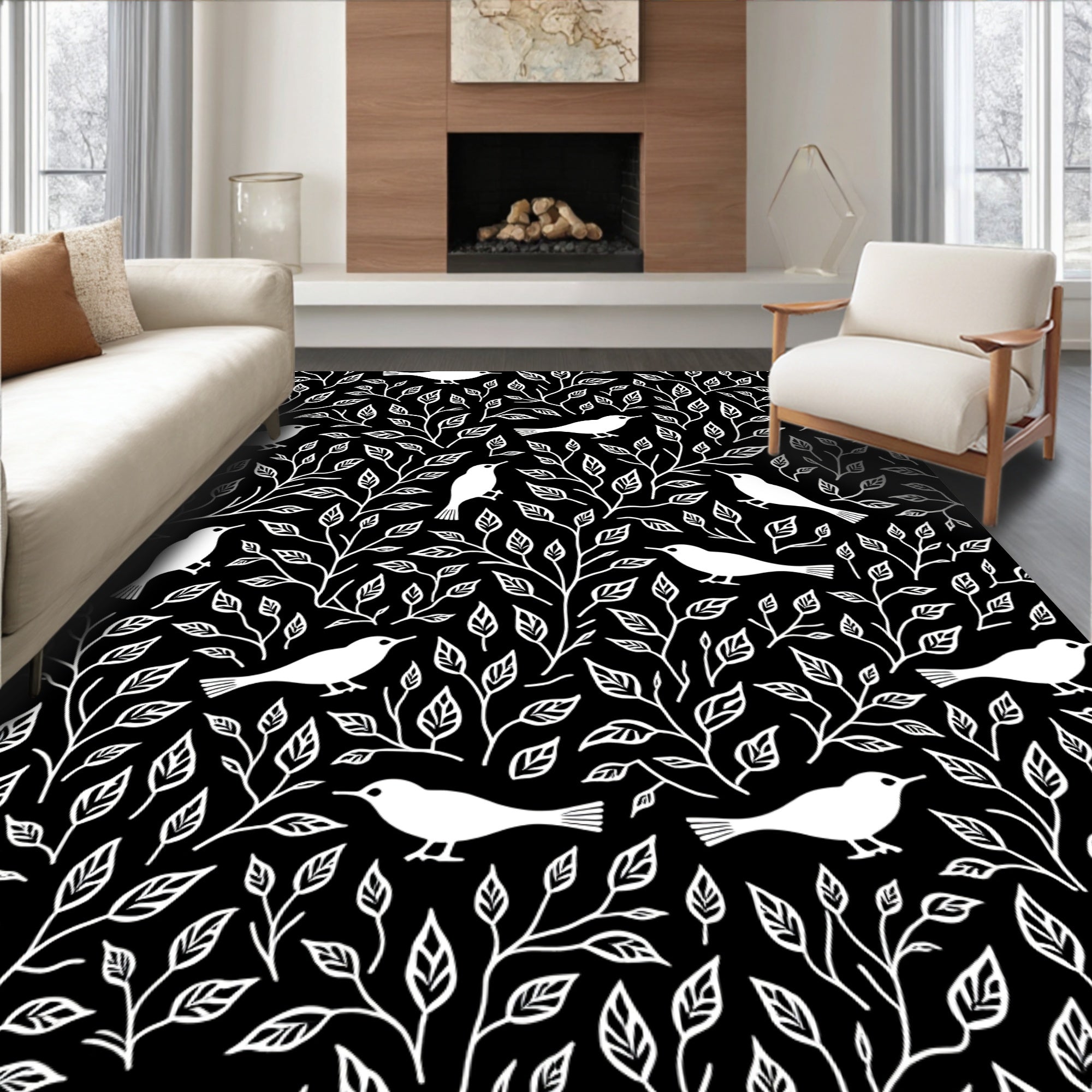 Charming Birds Branches Silhouette Design Rug